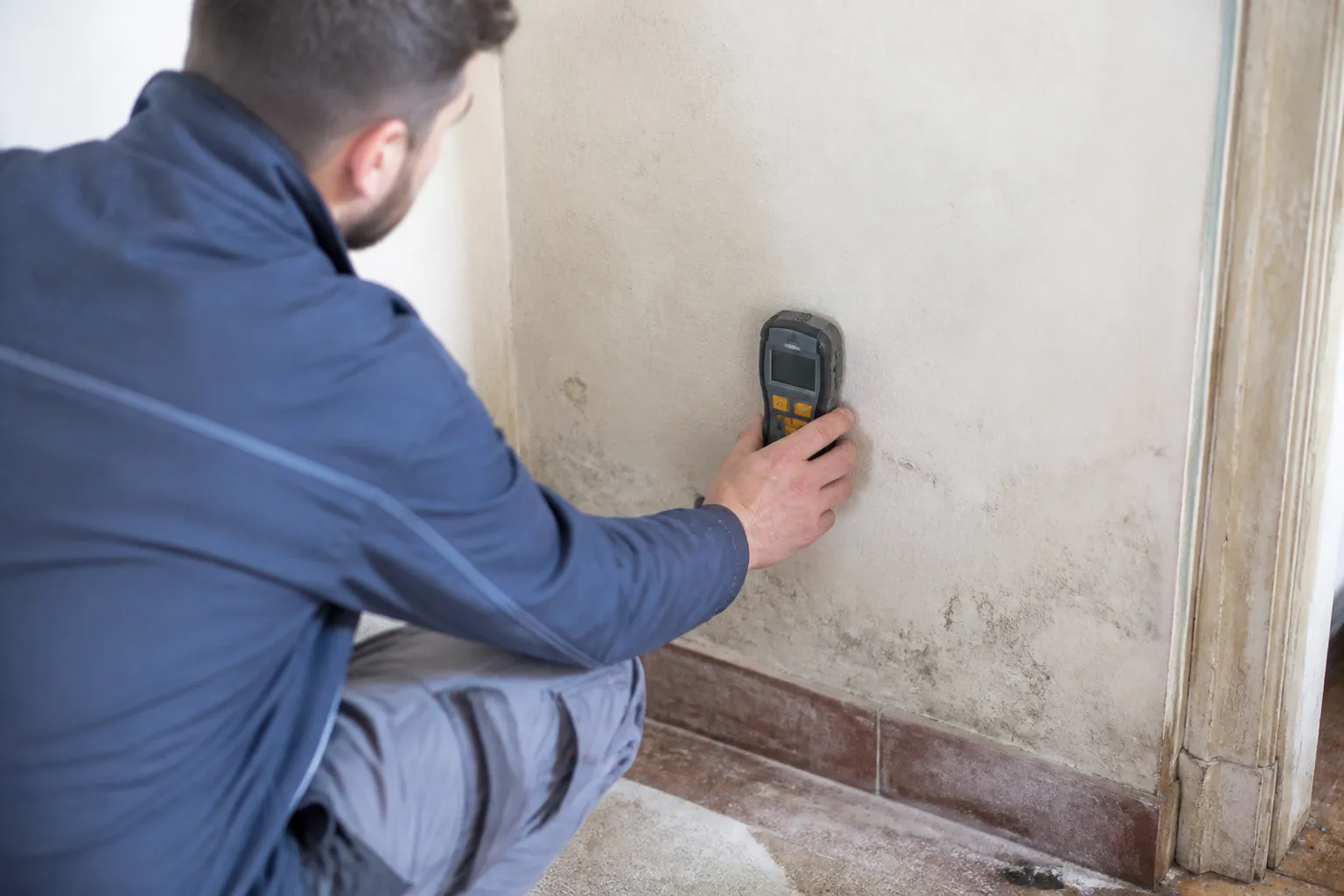 Expert mesurant l’humidité d’un mur au rez-de-chaussée d’une maison
