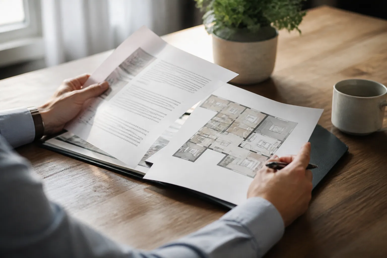 Acheteur lisant des documents de vente sur une table avec un plan