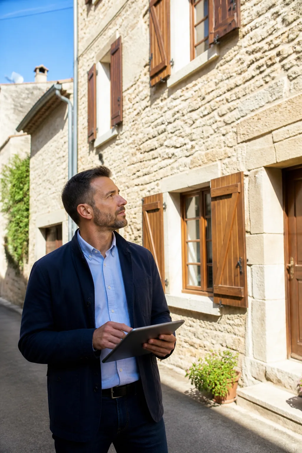 Expert en bâtiment devant une maison de village en pierre dans l’Aude