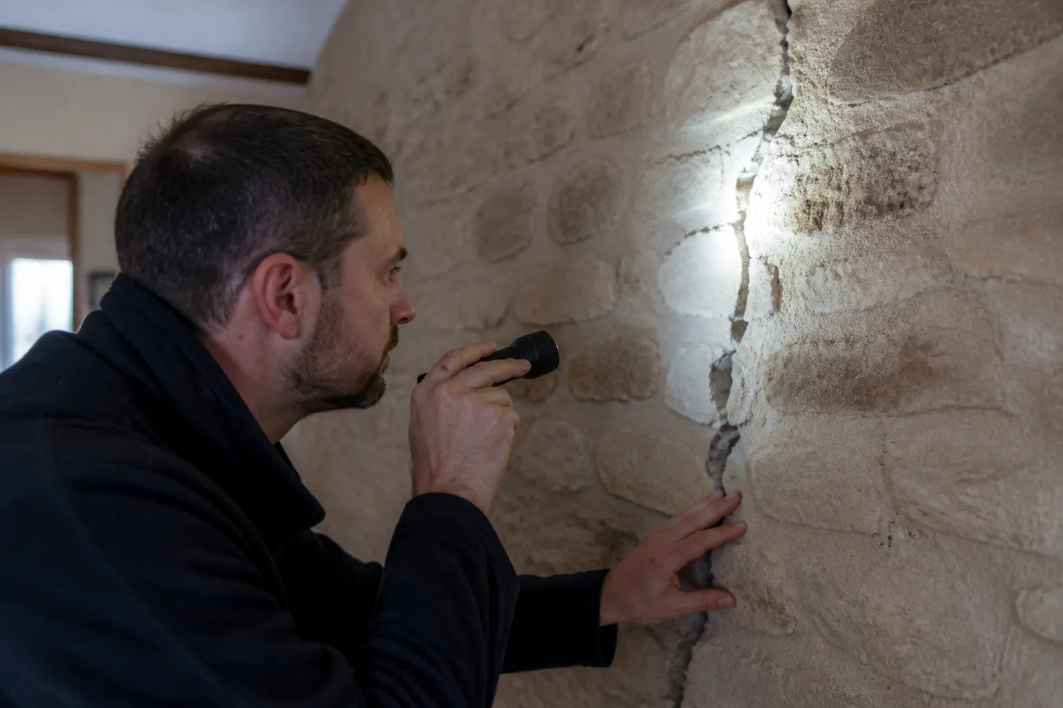Expert vérifiant une fissure sur un mur intérieur en pierre