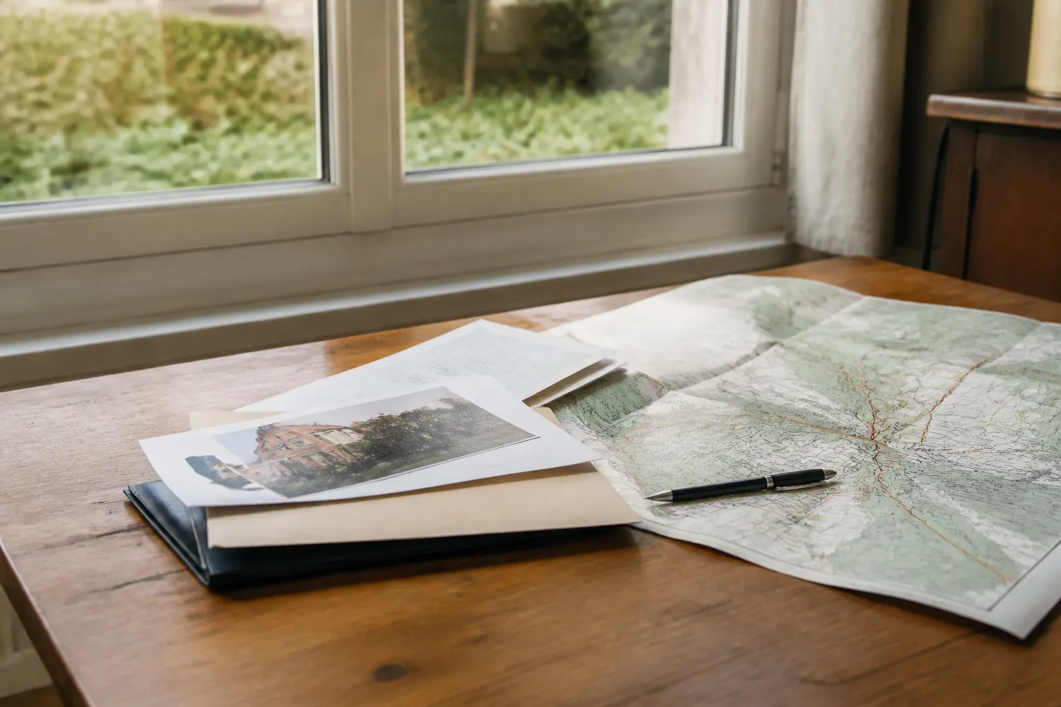 Documents de vente immobilière et carte posés sur une table