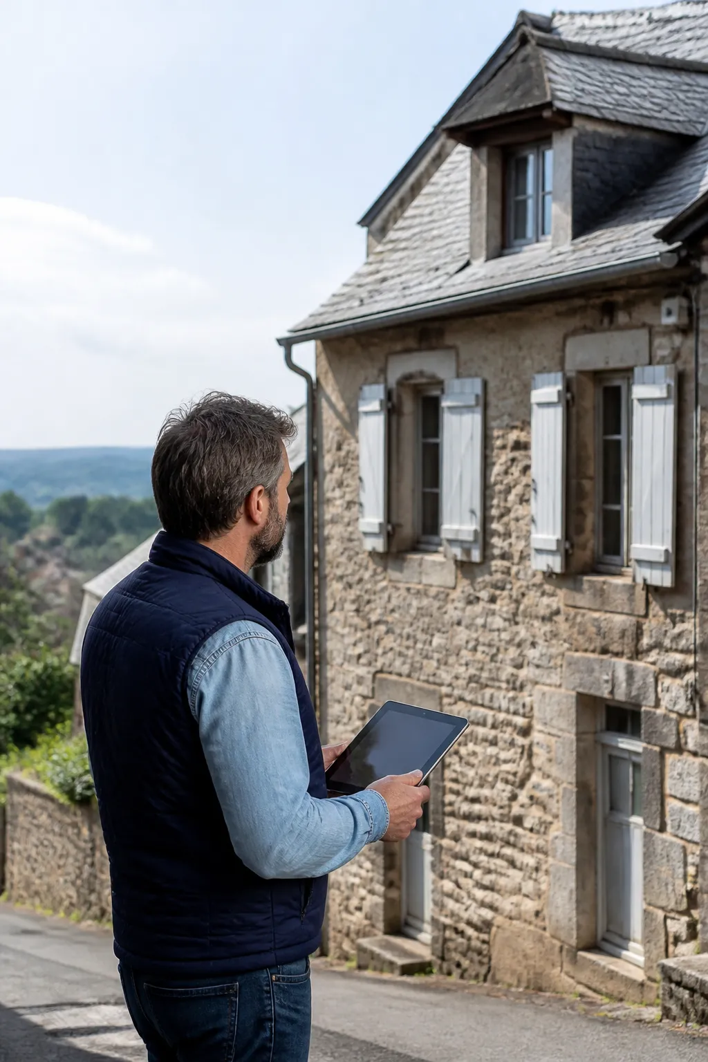 Expert en bâtiment devant une maison ancienne en pierre dans l’Aveyron