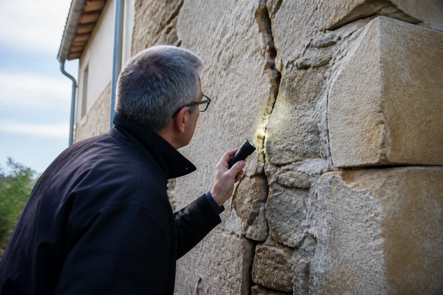 Expert observant une fissure sur un mur extérieur en pierre