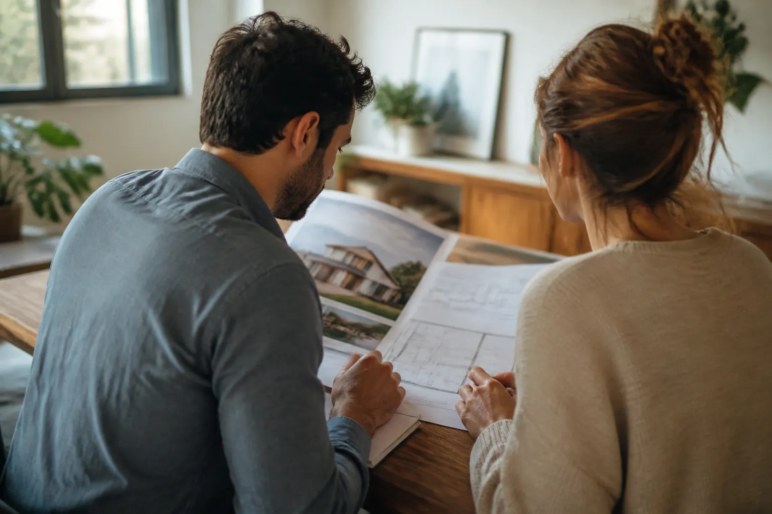 Acheteurs consultant un dossier immobilier sur une table