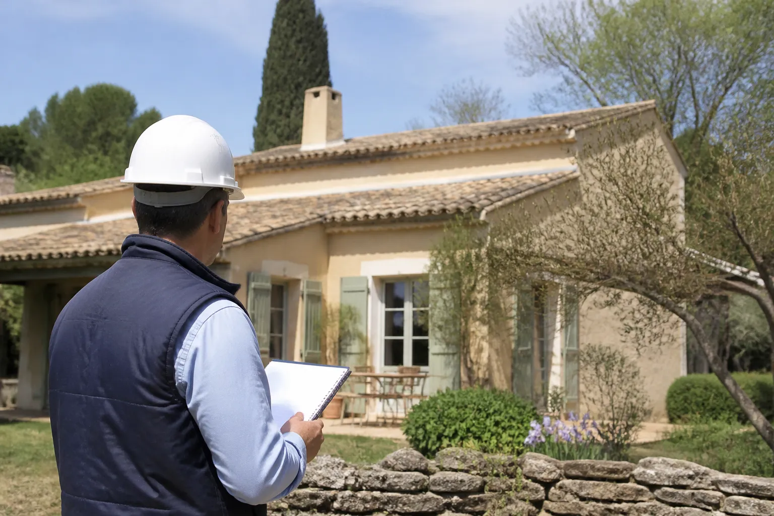 Expert en bâtiment observant une façade de maison provençale depuis la rue
