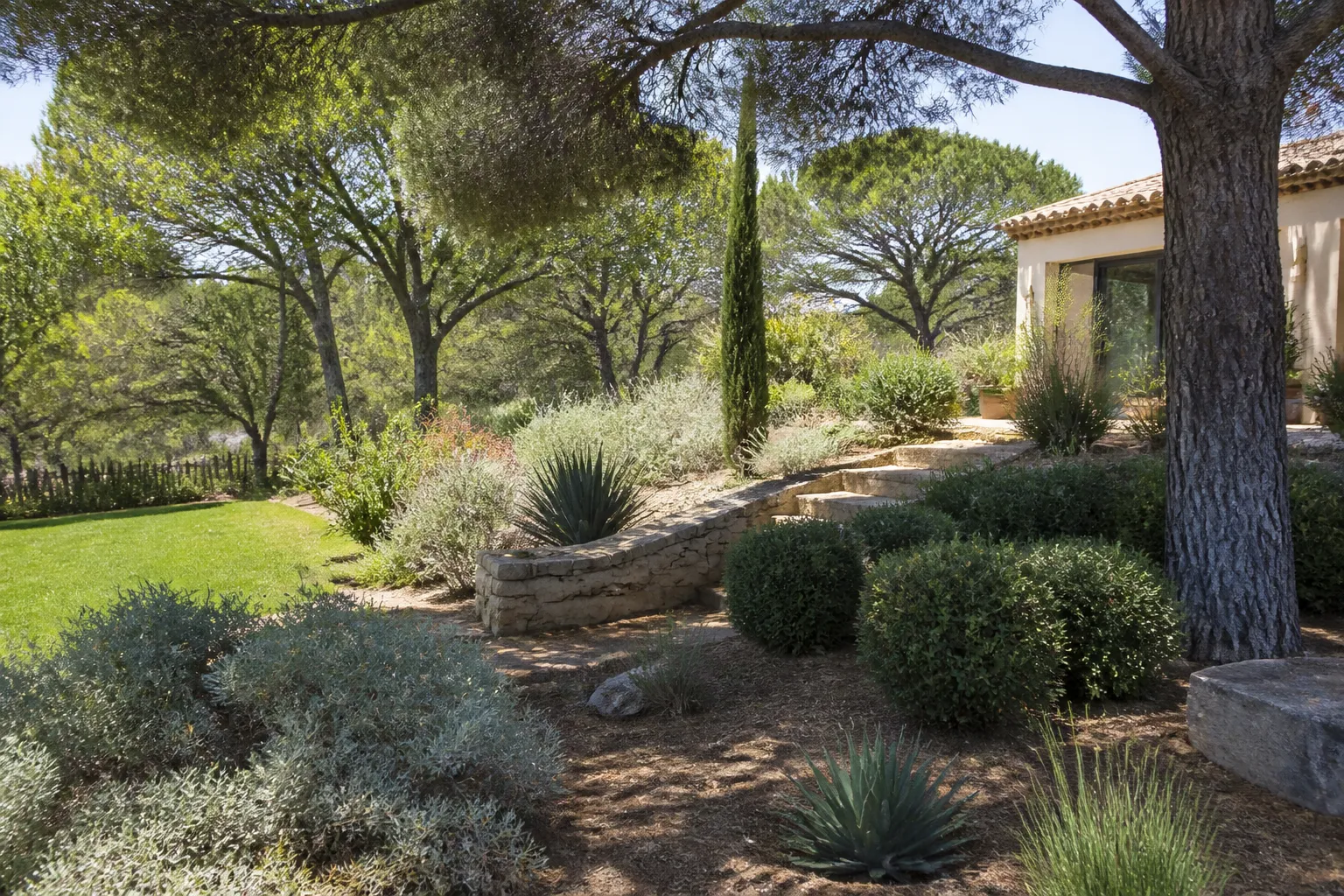 Végétation de garrigue en limite d’un jardin de maison individuelle