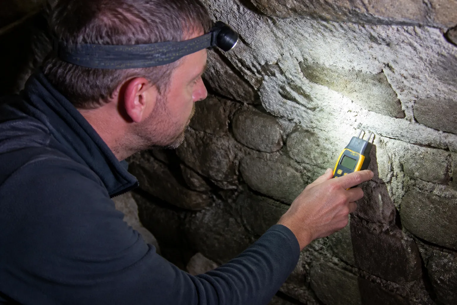Expert mesurant l’humidité d’un mur de cave