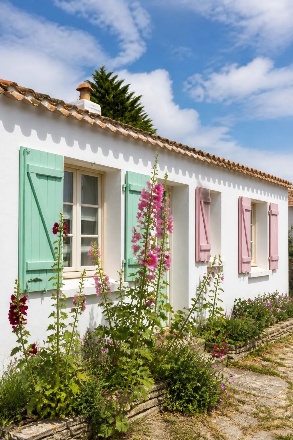 Maison basse aux volets colorés près du littoral atlantique