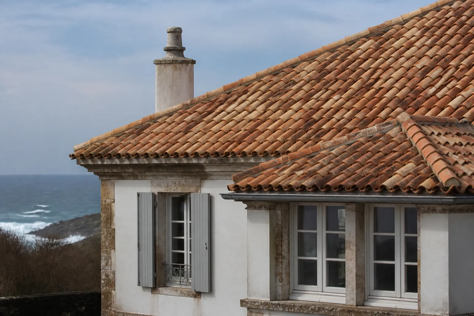 Toiture en tuiles et menuiseries exposées au vent sur une maison côtière