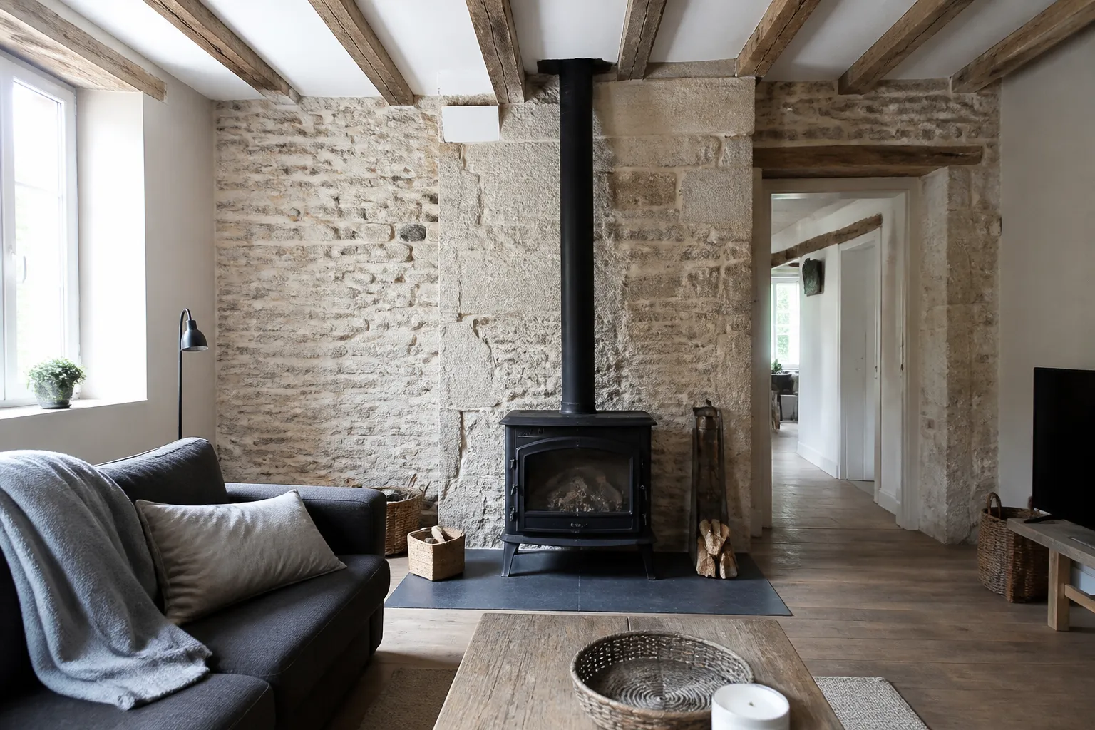 Poêle à bois et conduit dans une pièce de maison ancienne