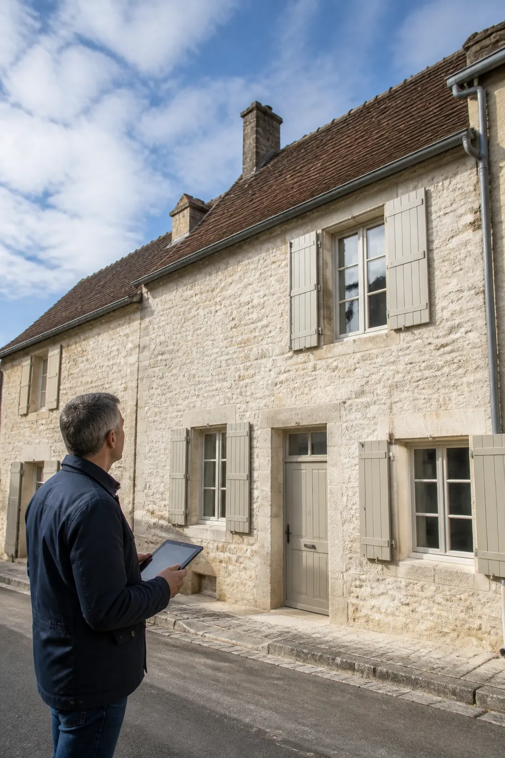 Expert en bâtiment examinant la façade d’une maison en pierre en Côte-d’Or