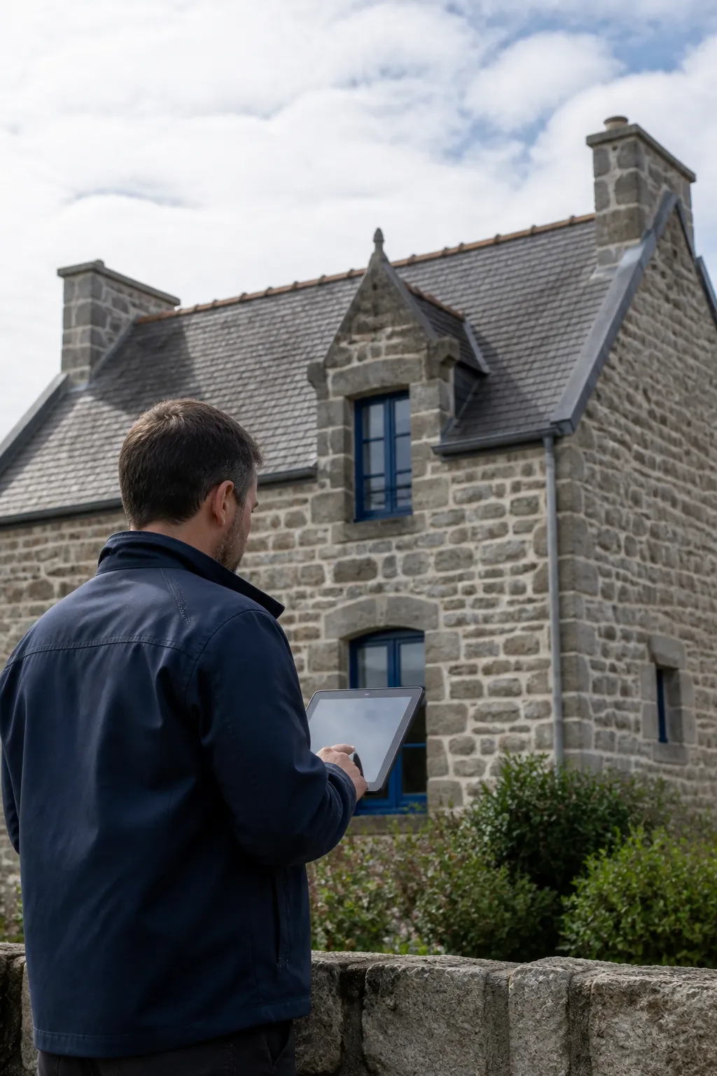 Expert en bâtiment devant une maison en pierre en Bretagne