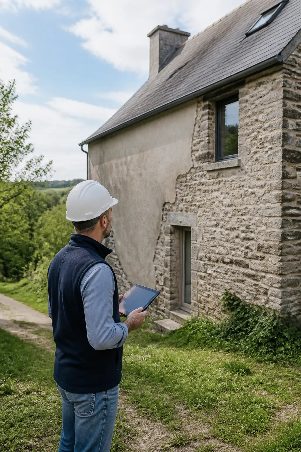 Expert en bâtiment devant une maison en moellons dans la Creuse