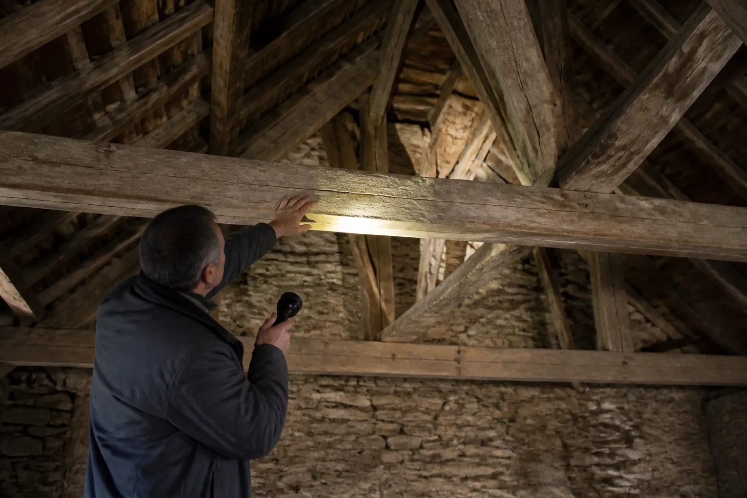 Expert examinant la charpente d’une grange