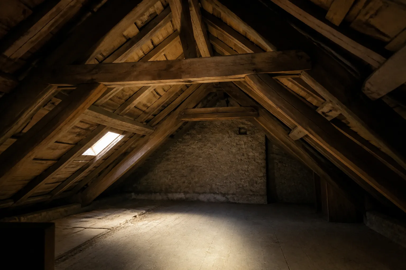 Charpente en bois et dessous de couverture observés depuis les combles