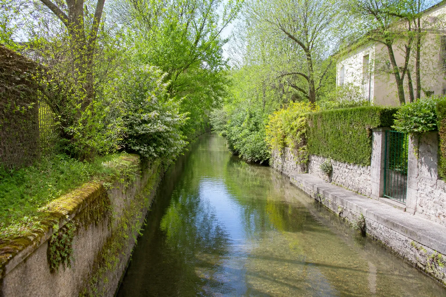 Canal d’eau étroit bordé de jardins et de murets en ville