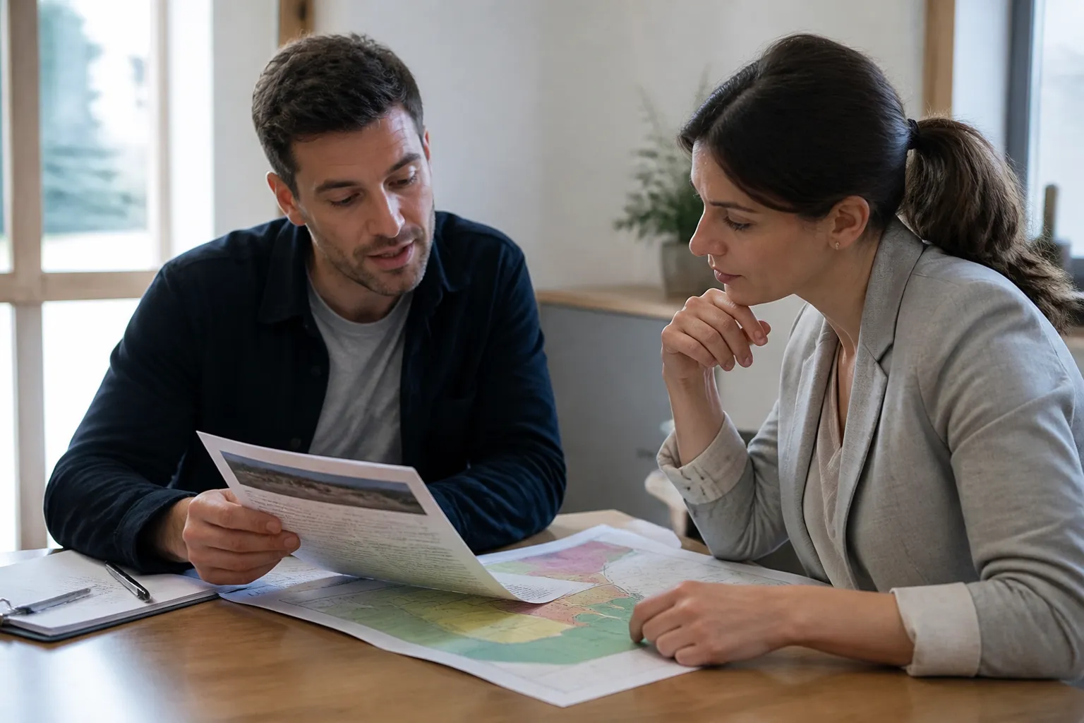 Acheteurs consultant un état des risques et un rapport d’expertise