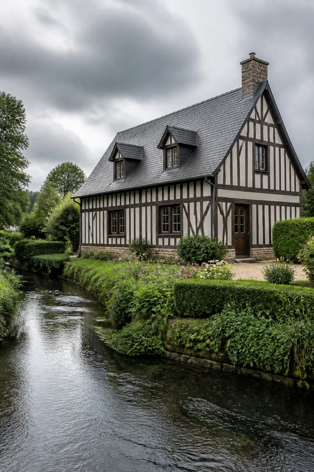 Maison normande à colombages au bord d’une rivière dans l’Eure, façade observée avant un achat