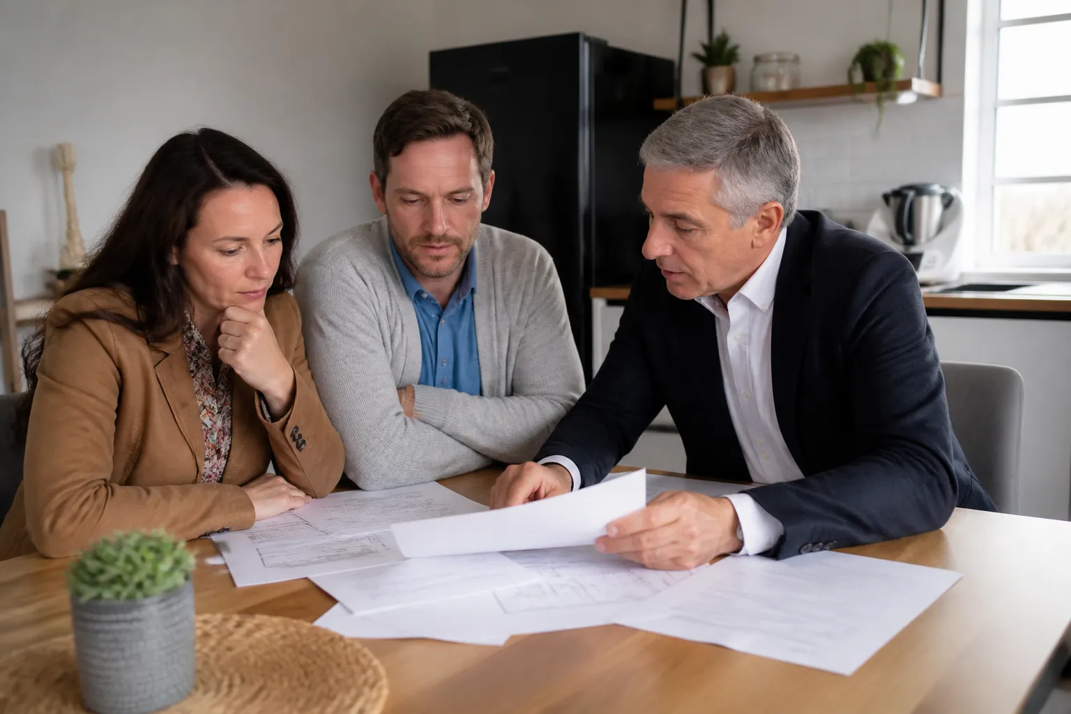 Acheteurs lisant un rapport d’expertise à une table avec un expert