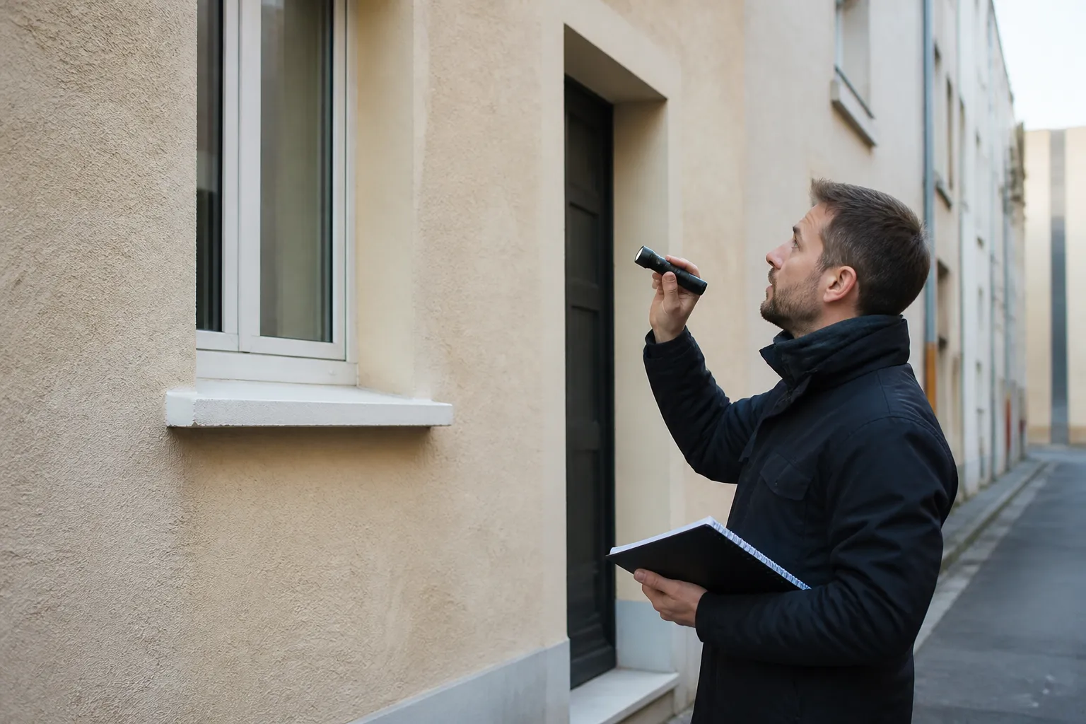 Expert en bâtiment observant une façade enduite avec une lampe et un carnet
