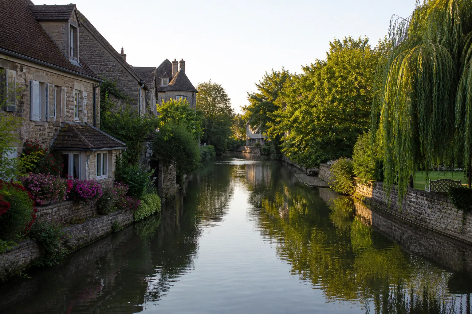 Rivière bordée de maisons anciennes et de jardins en fond de vallée