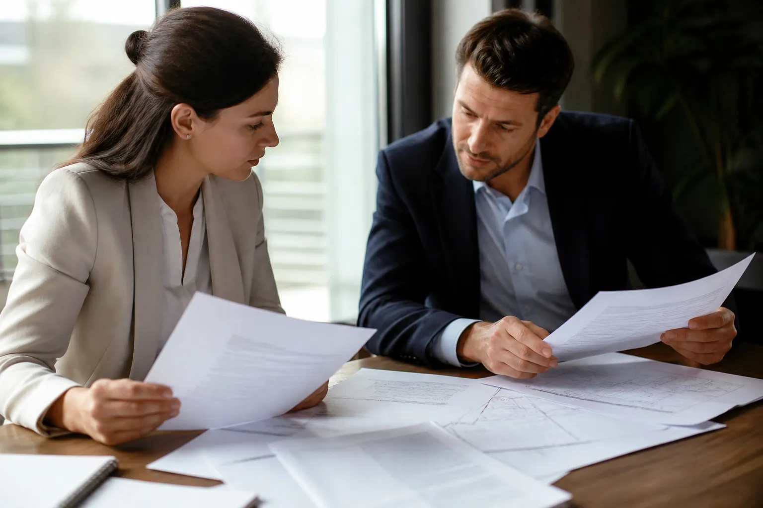 Acheteur et expert relisant un rapport et un état des risques sur une table
