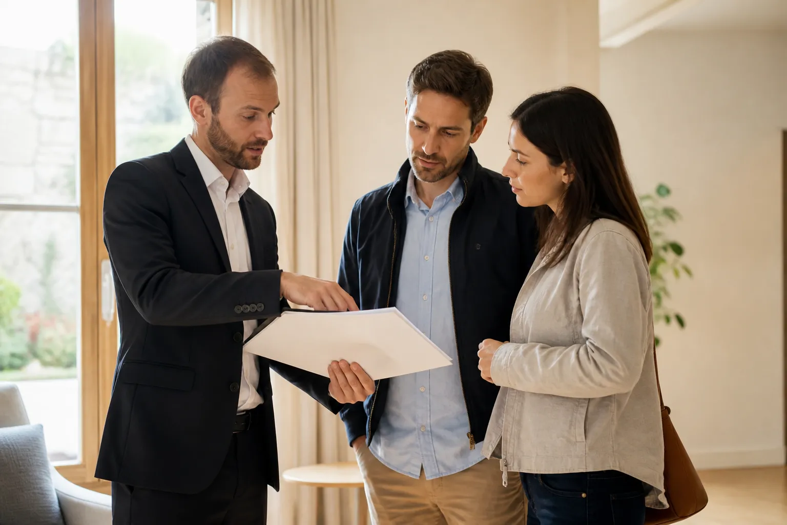 Expert en bâtiment expliquant son rapport à un couple d’acheteurs