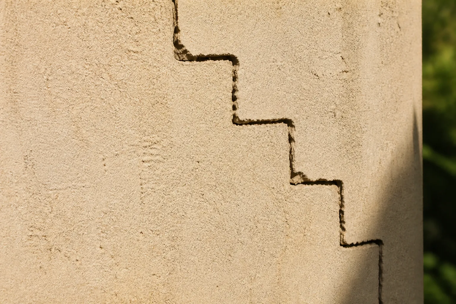 Fissure en escalier sur un mur en parpaing enduit d’une villa