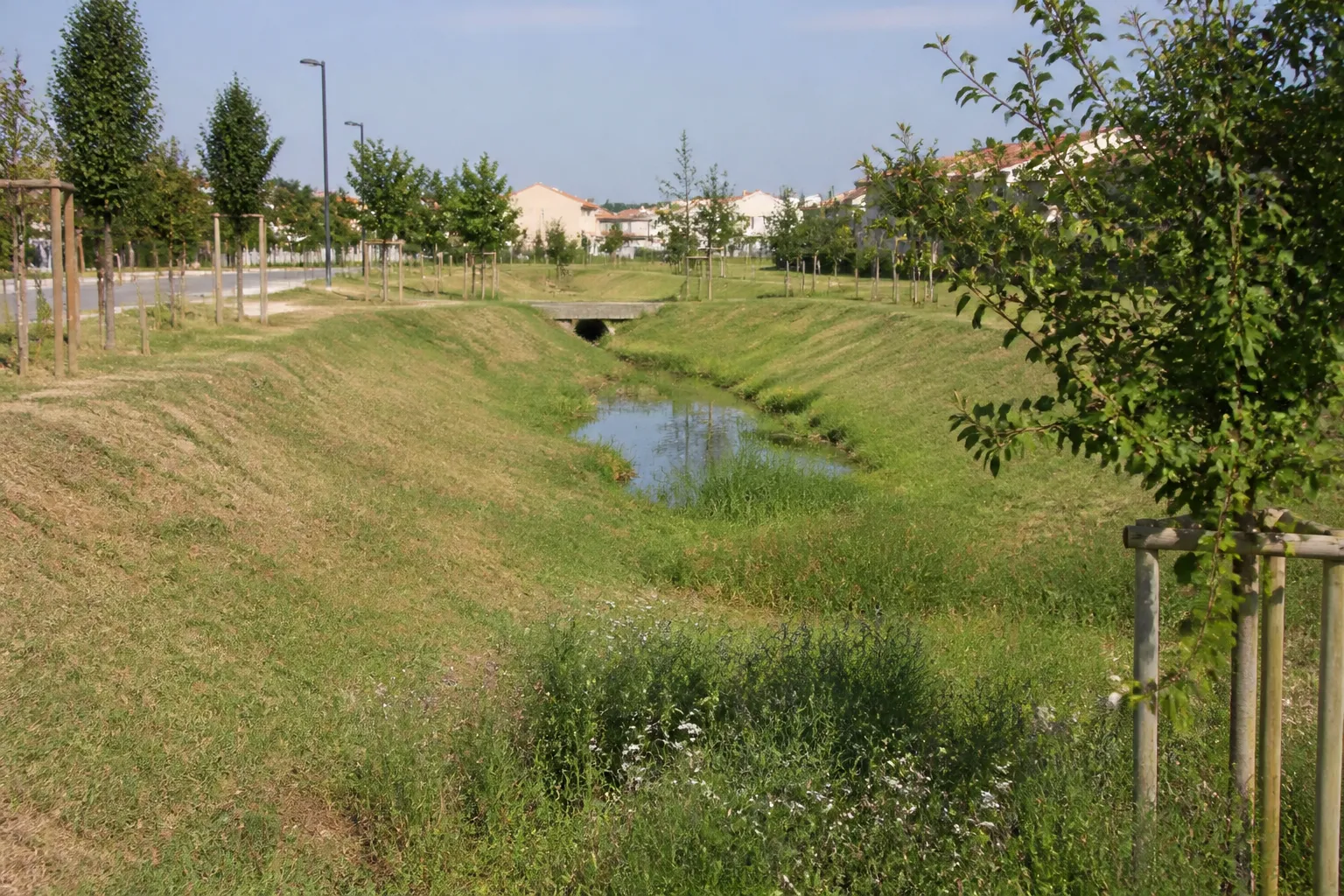 Bassin de rétention des eaux pluviales enherbé en zone urbaine