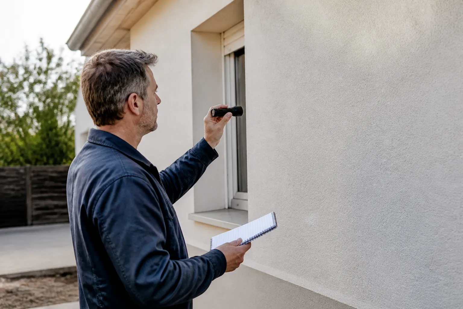 Expert en bâtiment observant la façade enduite d’une maison