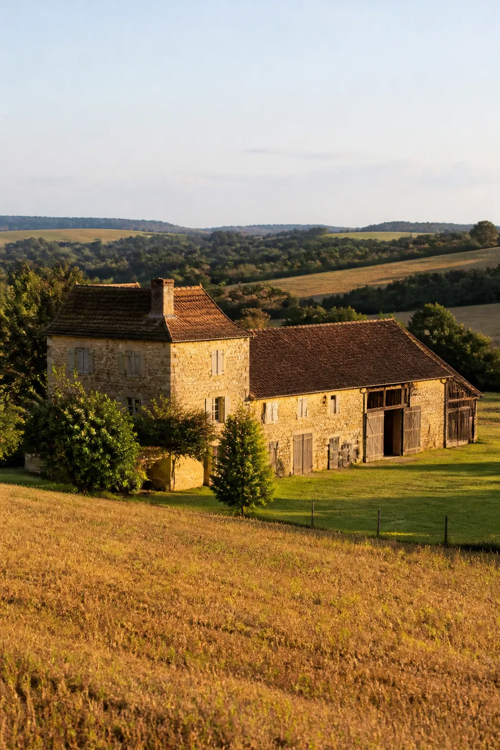 Maison de campagne en pierre avec dépendance au milieu des champs