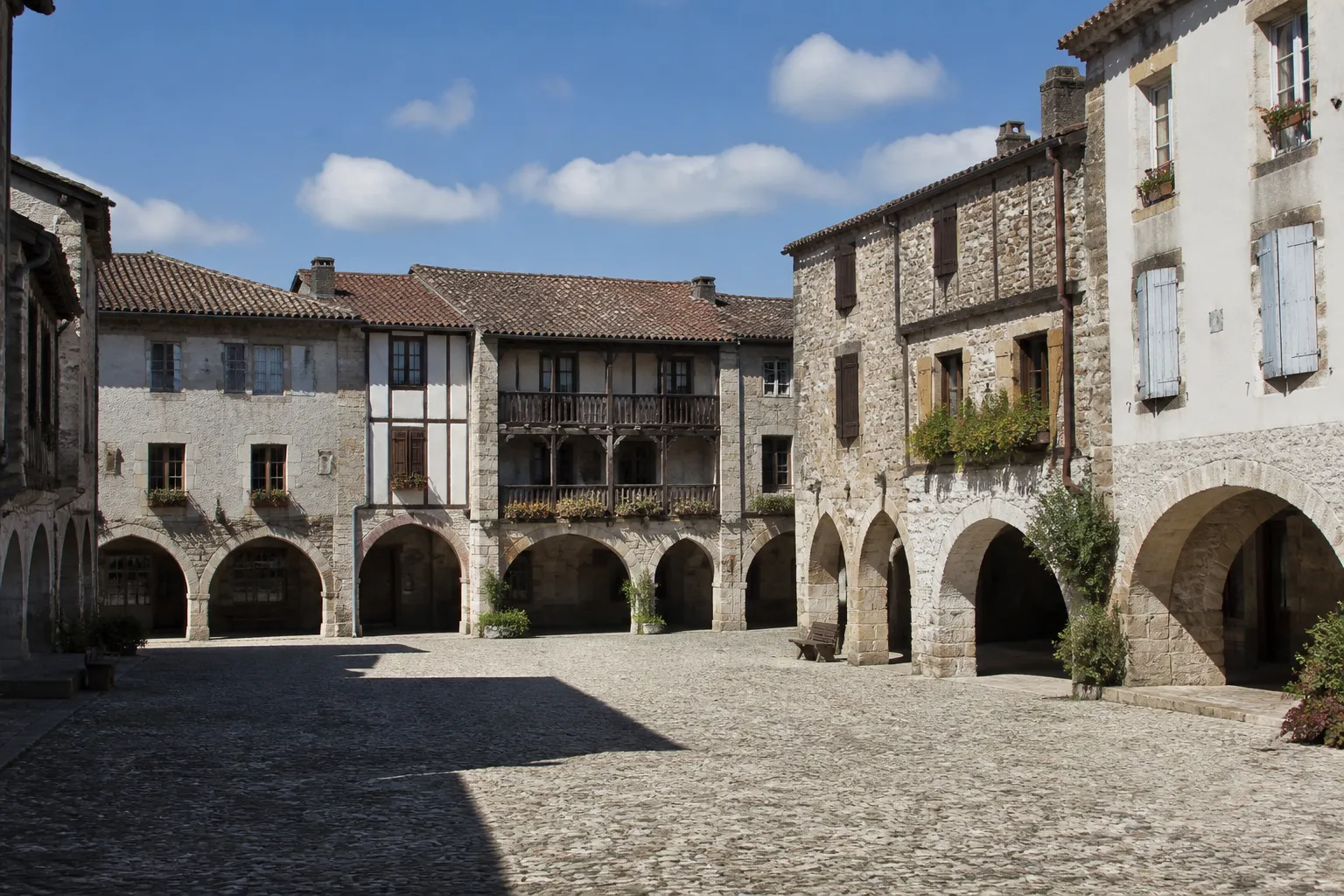 Place à arcades d’une petite ville ancienne