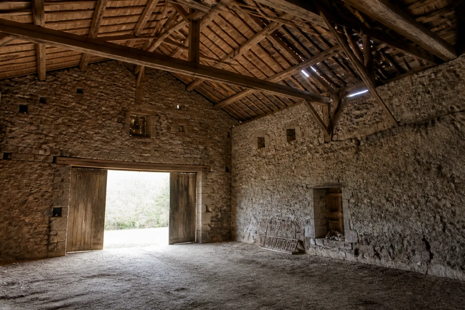 Grange ancienne en pierre avec charpente apparente