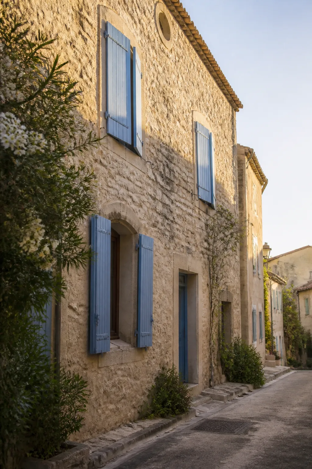 Façade de maison ancienne en pierre claire aux volets bleus dans une ruelle ensoleillée