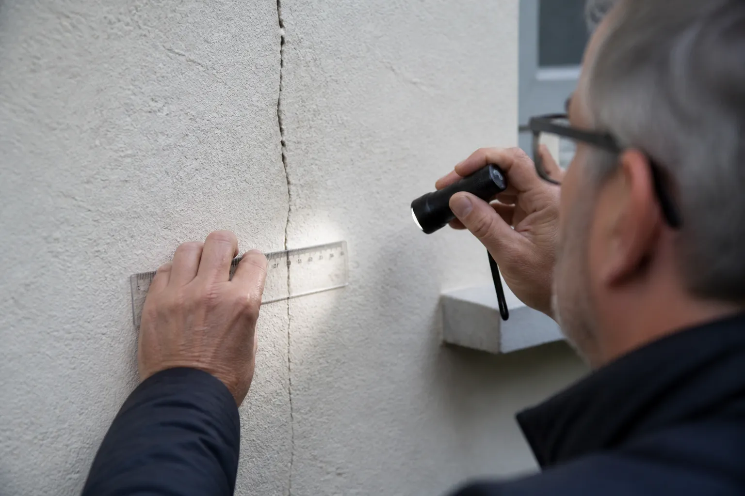 Expert en bâtiment mesurant une fissure sur un mur enduit avec une règle graduée