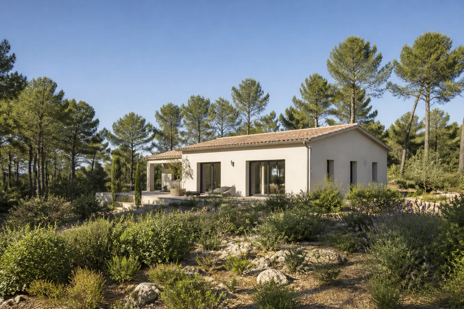 Maison individuelle bordée de garrigue et de pins sous un ciel clair