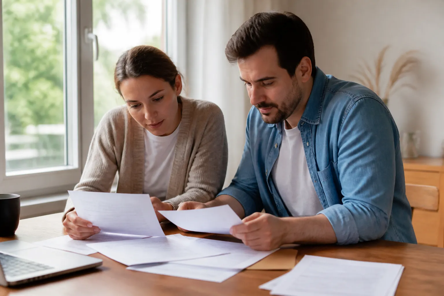 Acheteurs relisant des documents de vente sur une table avant de signer