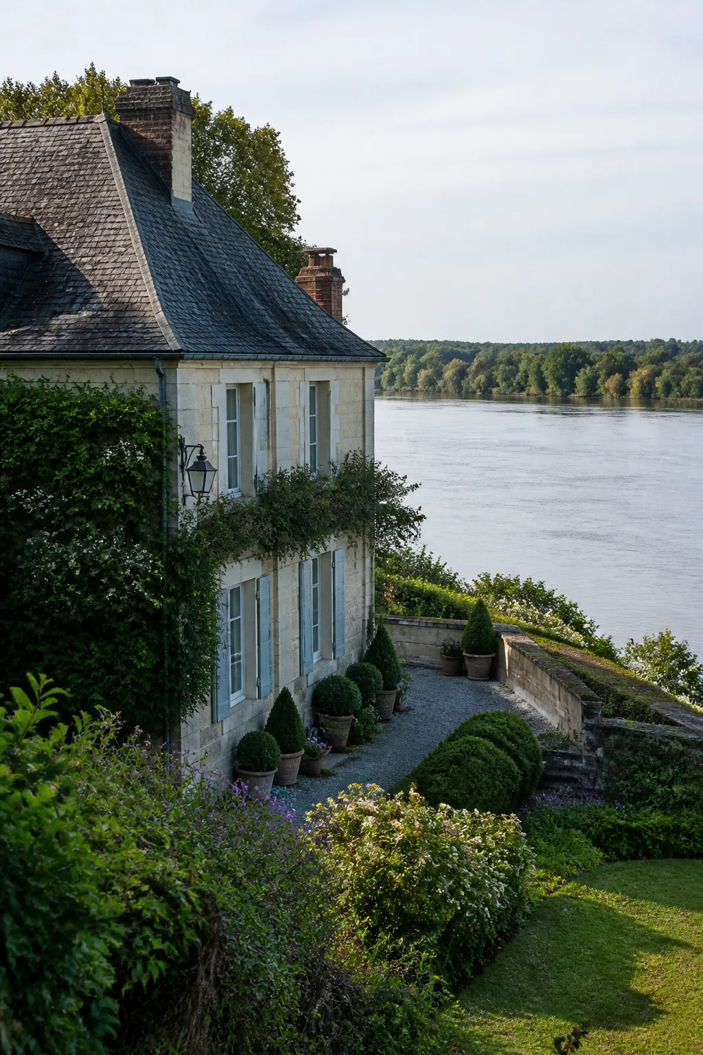 Maison ancienne en pierre claire et toit d’ardoise près d’un fleuve, illustration bilan avant achat en Indre-et-Loire
