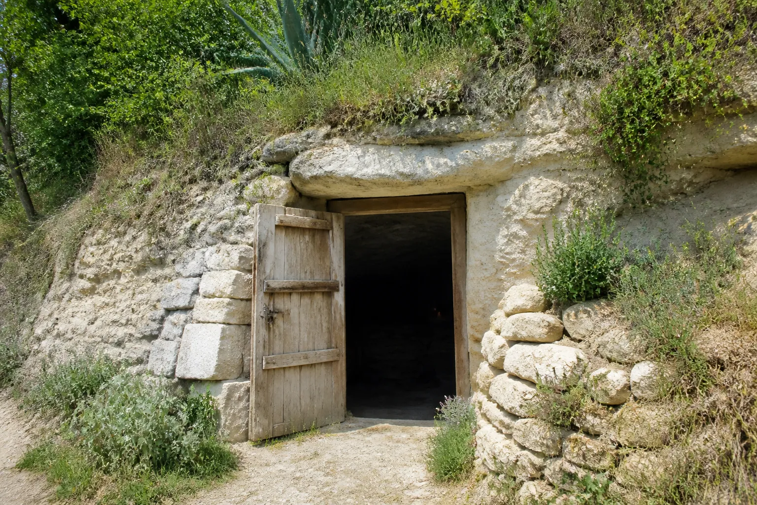 Entrée de cave creusée dans un coteau de roche calcaire