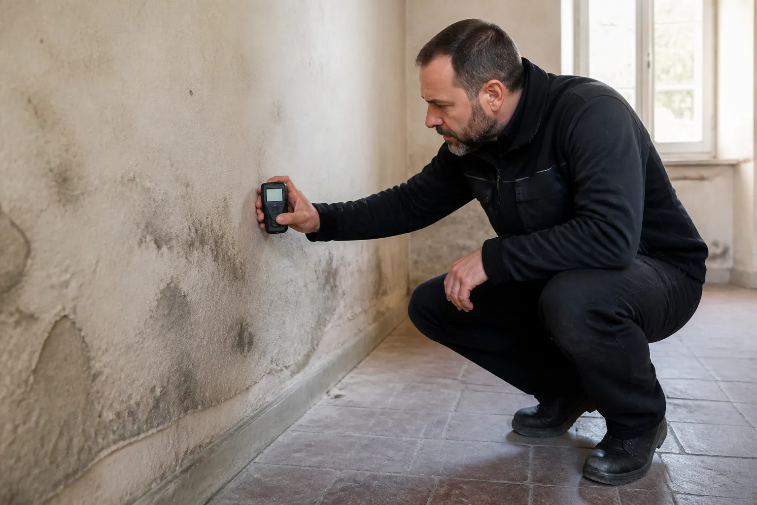 Expert mesurant l’humidité d’un mur intérieur ancien