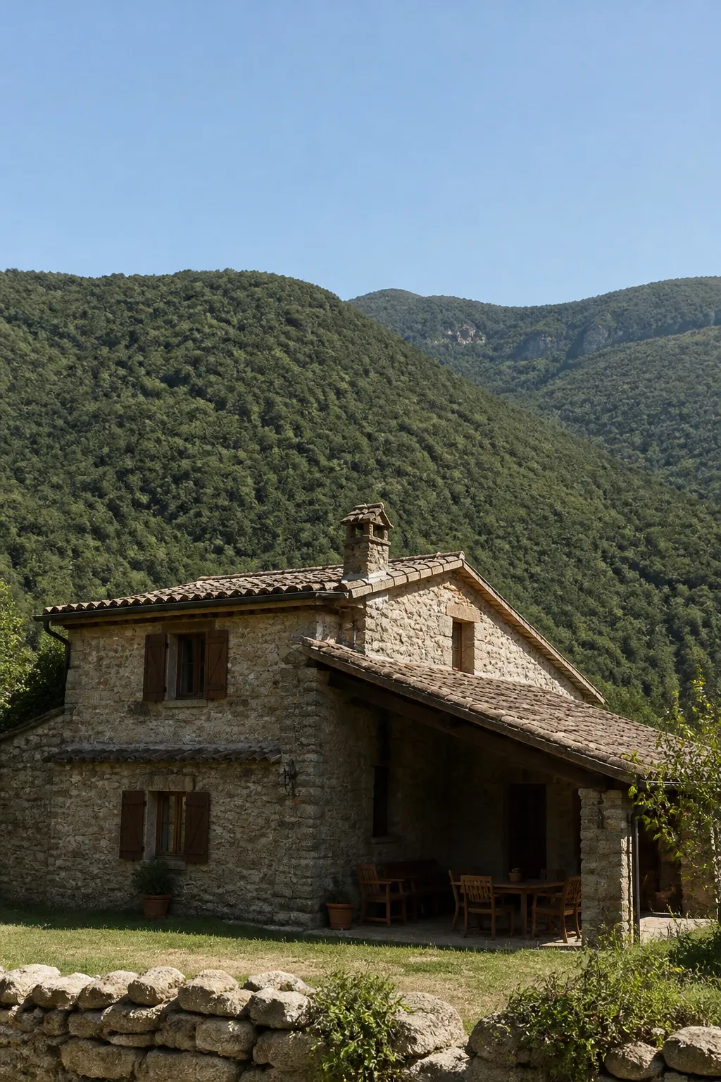 Maison en pierre avec toiture en tuiles au pied de montagnes boisées
