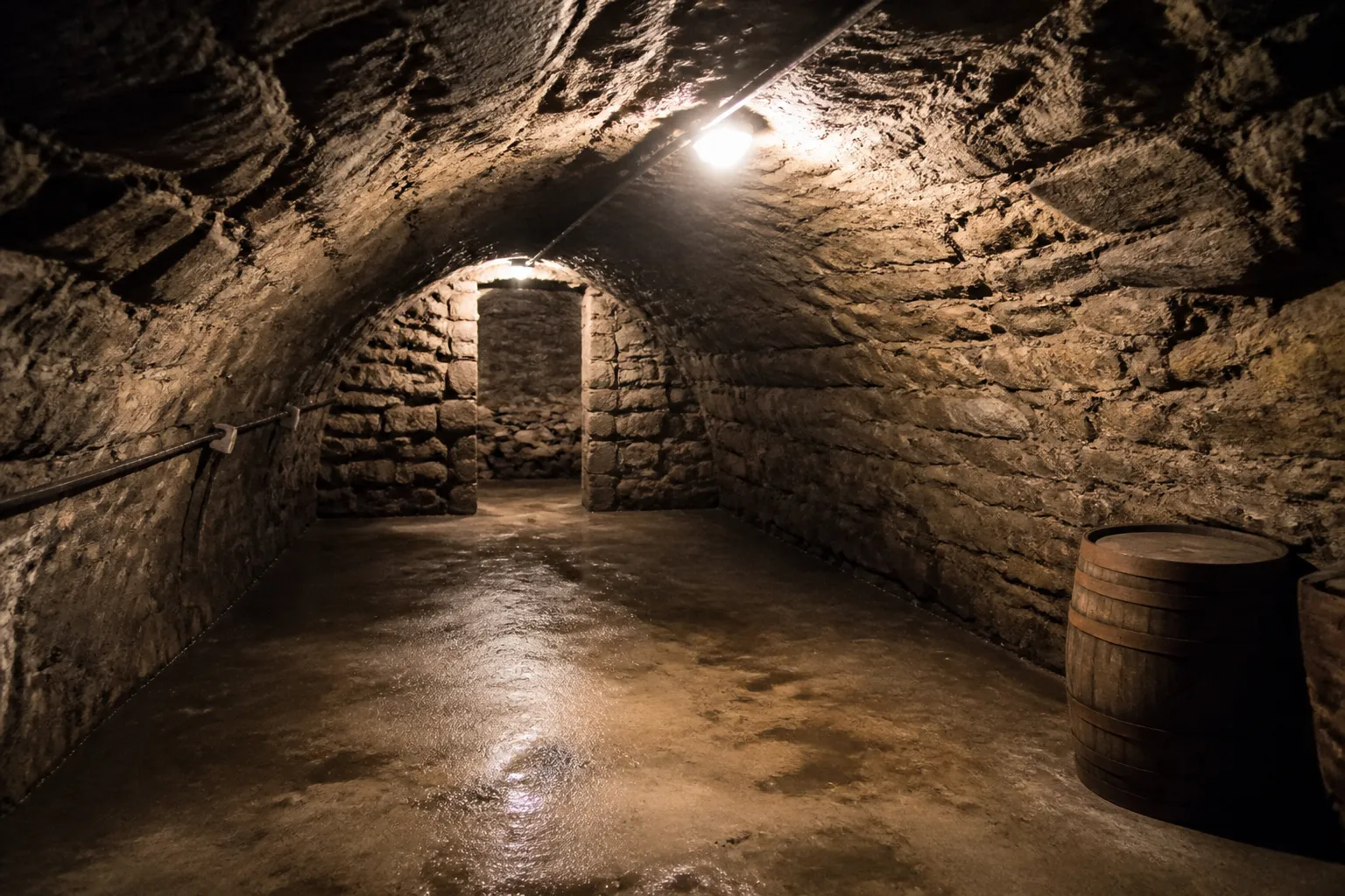 Cave voûtée avec sol humide et mur en pierre