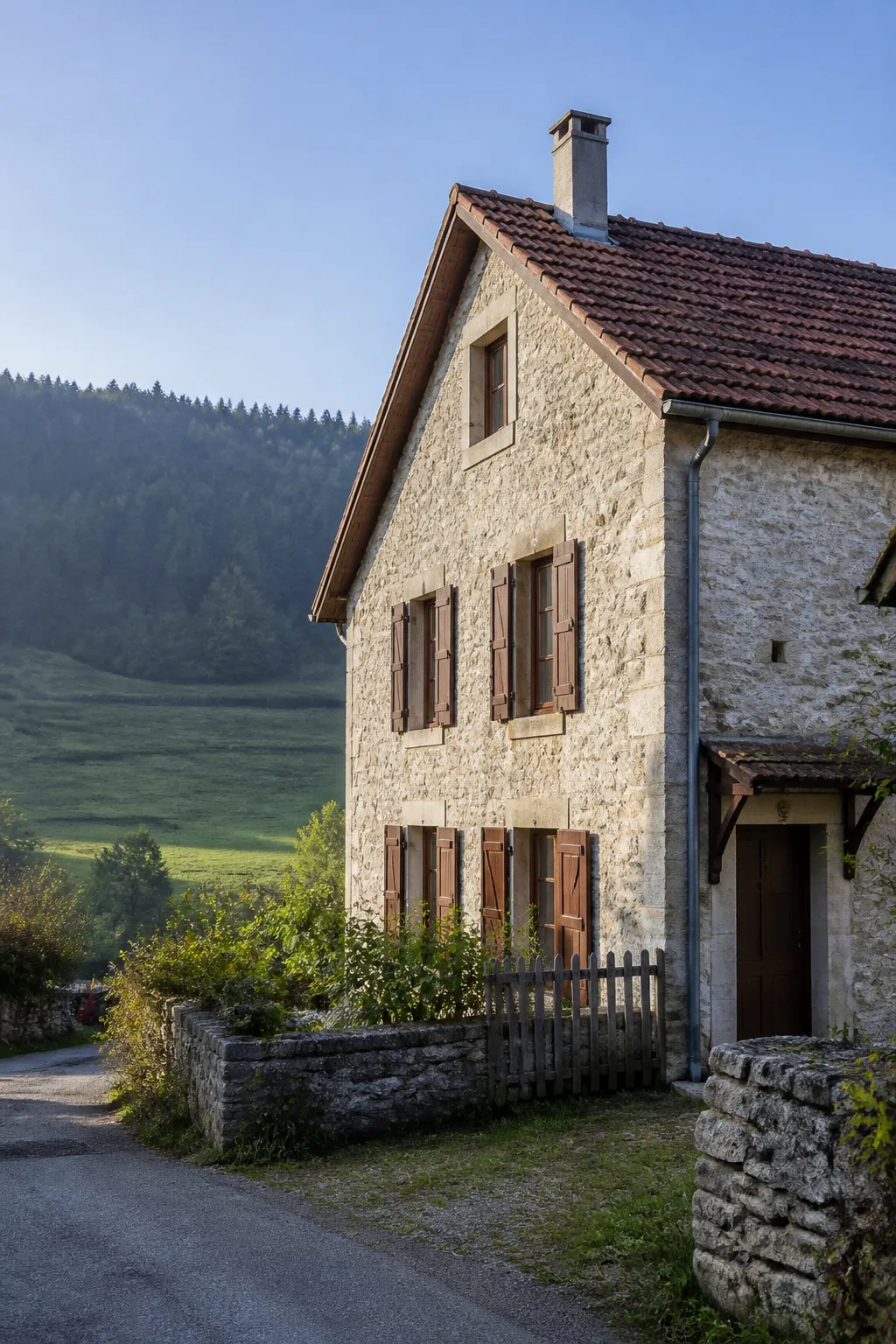 Maison ancienne en pierre calcaire dans un village du Jura avant un bilan avant achat