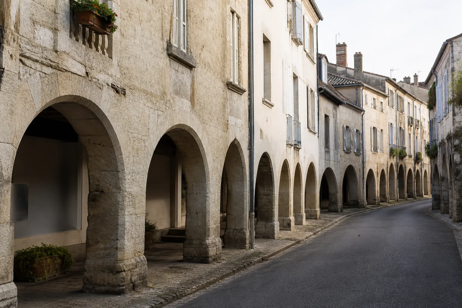 Façades à arcades d’un centre ancien du Jura