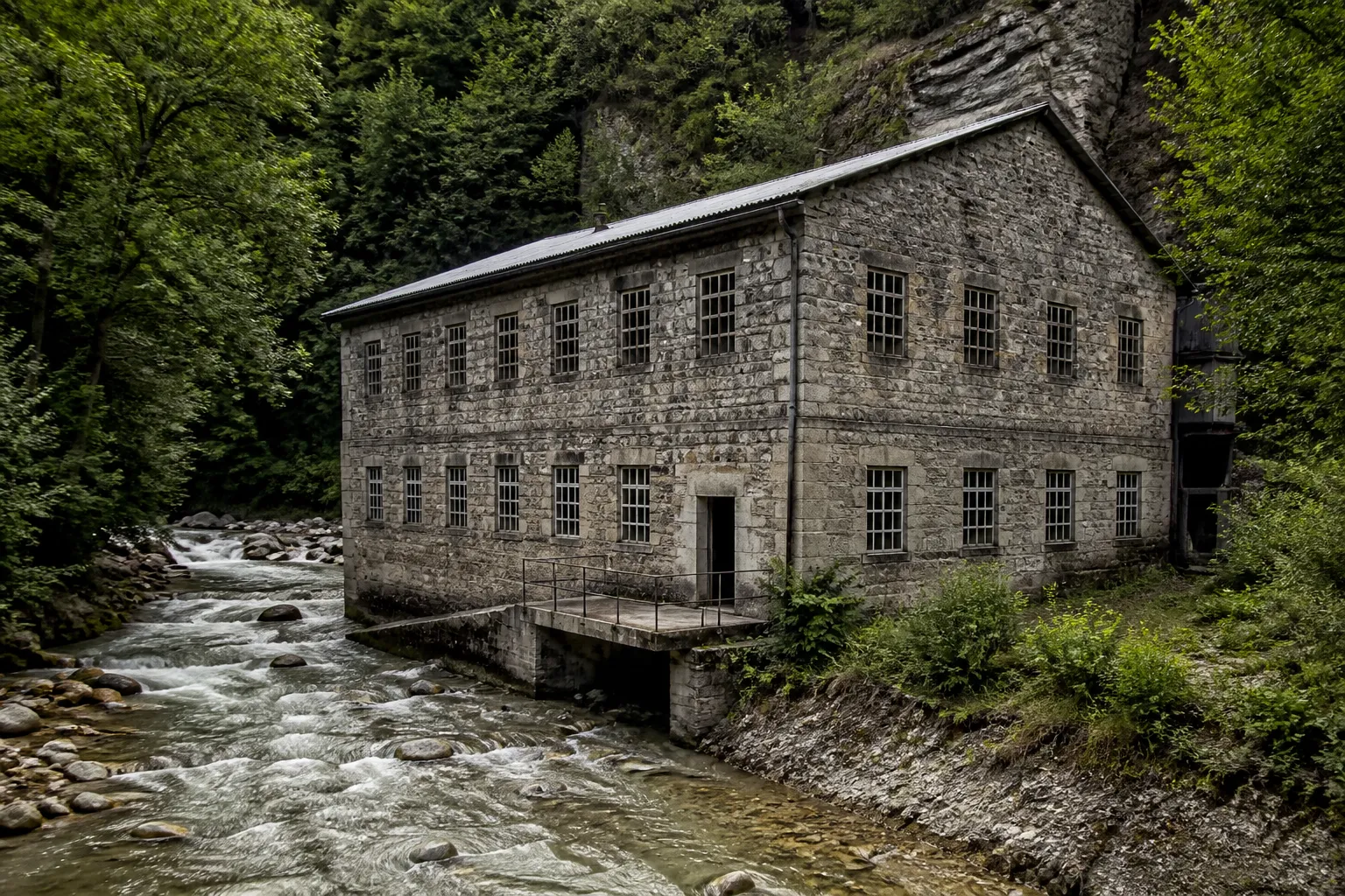 Ancien atelier aux petites fenêtres régulières transformé en logements