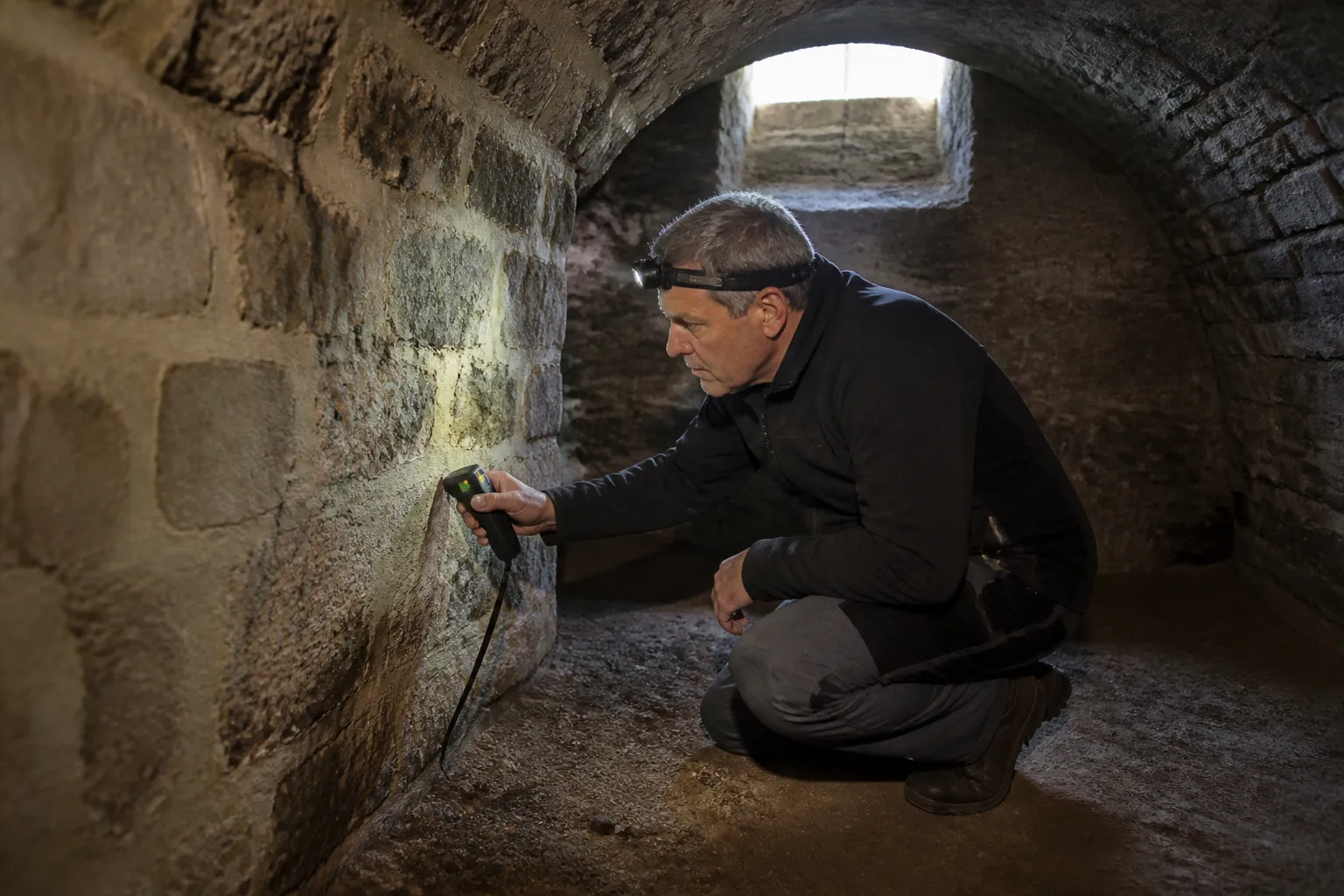 Expert mesurant l’humidité d’un mur en pierre dans une cave