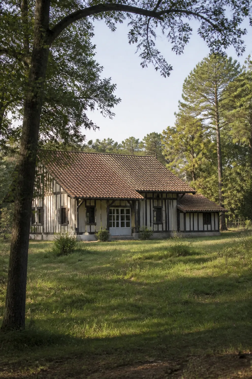 Maison ancienne à pans de bois au milieu d’un airial