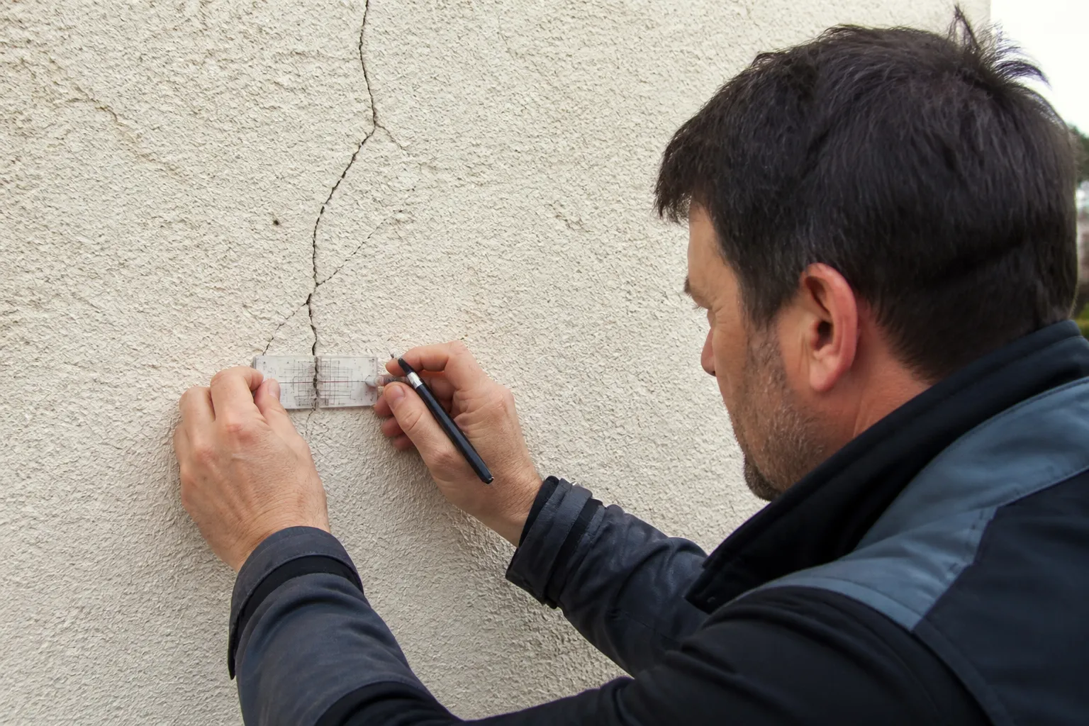 Fissure sur un mur de maison individuelle examinée par un expert
