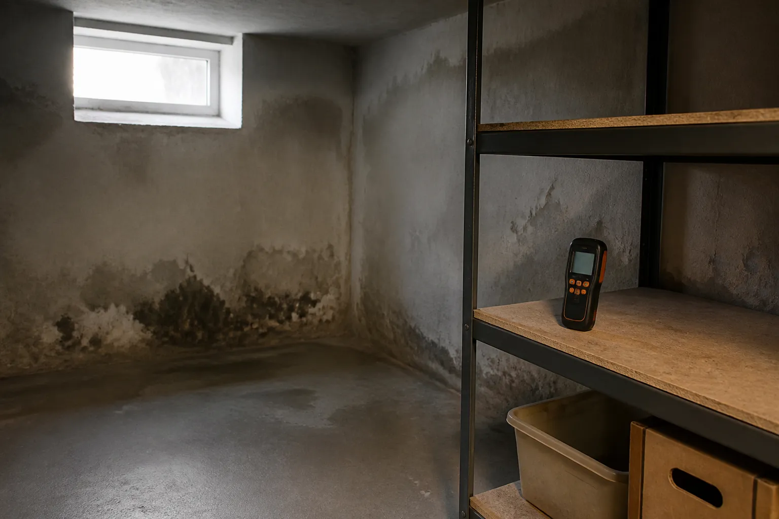 Sous-sol d’une maison avec traces d’humidité au pied des murs