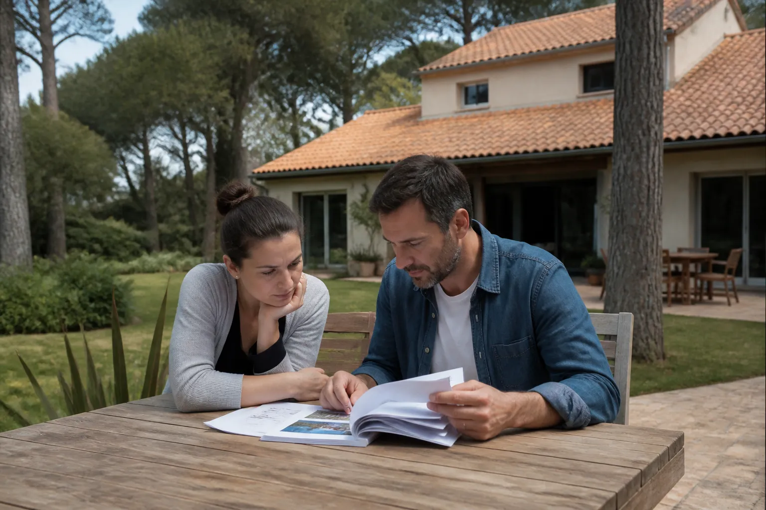 Acheteurs lisant un rapport d’expertise dans une maison des Landes